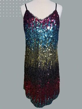 Kate Kasin Multi-Color Ombre Sequin Slip Dress Lace Trim Party Cocktail Glam XL